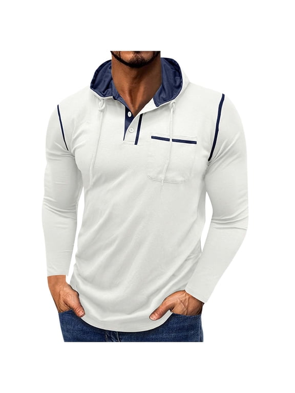 Mens Drawstring Hoodie Lightweight Casual Regular Fit Buttons Hooded Sweatshirt with Chest Pocket Base Pullovers (L, White)