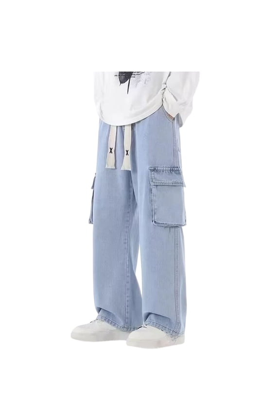 Mens Drawstring Jeans Loose Wide Leg Cargo Denim Pants Multi Pockets Casual Street Wear Lounge Pants L, Light Blue