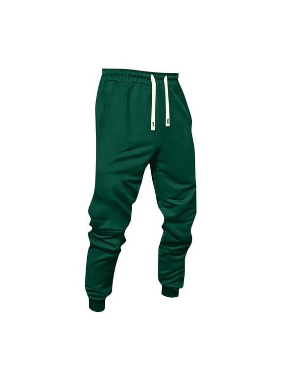 Mens Drawstring Jogger Pants Tapered Sweatpants Elastic Waist Cuffed Ankle Casual Long Trousers Relaxed Fit Dark Green XL