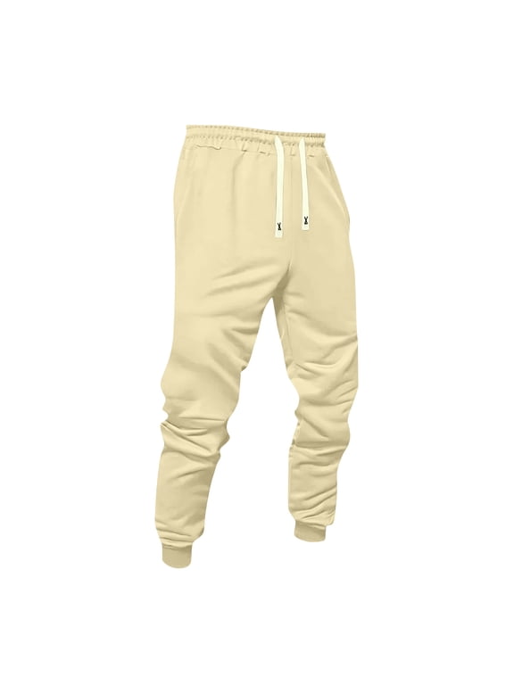 Mens Drawstring Jogger Pants Tapered Sweatpants Elastic Waist Cuffed Ankle Casual Long Trousers Relaxed Fit Khaki M
