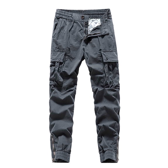 Mens Drawstring Waist Jogger Stretch Regular Fit Cargo Pants Moisture Wicking Casual Trousers with Multiple Pockets Gray M