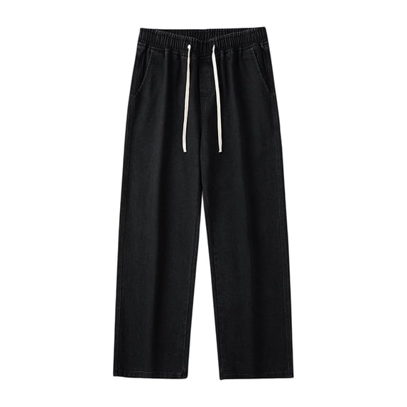 Mens Drawstring Wide Leg Jeans, Loose Fit Denim Trousers Casual Streetwear Pants with Elastic Waist for Daily Black 5XL