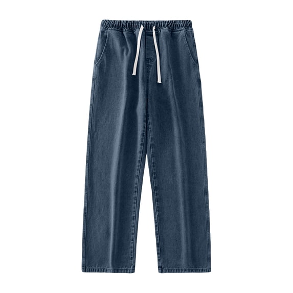 Mens Drawstring Wide Leg Jeans, Loose Fit Denim Trousers Casual Streetwear Pants with Elastic Waist for Daily Blue XL