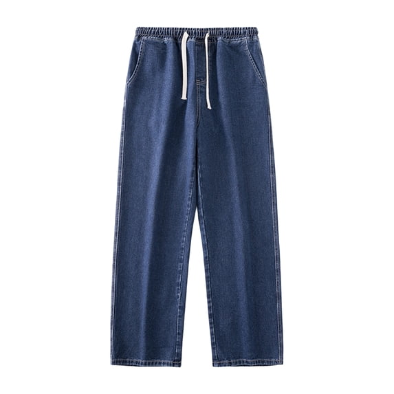 Mens Drawstring Wide Leg Jeans, Loose Fit Denim Trousers Casual Streetwear Pants with Elastic Waist for Daily Dark Blue 4XL