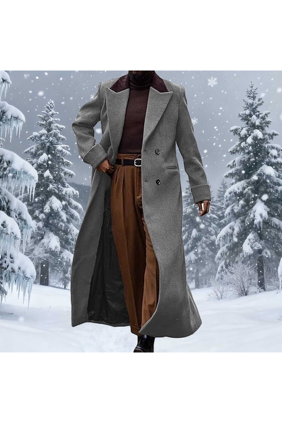 Mens Dress Coat Winter Long Trench Coat Double Breasted Notch Lapel Full Length Overcoats for Winter