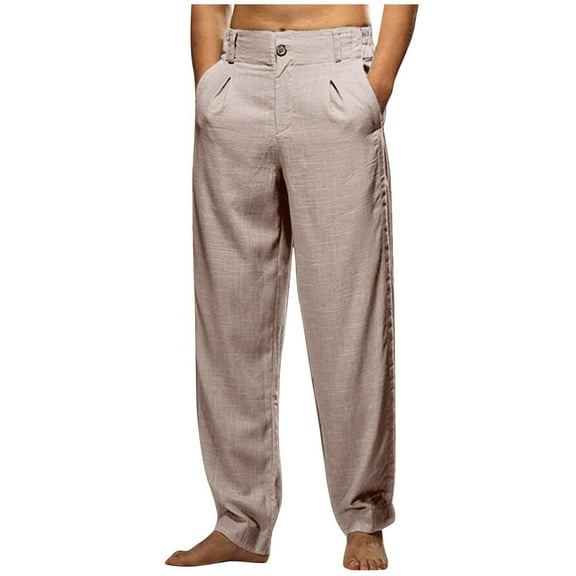 Mens Dress Pants Business Casual Loose Fit Flax Pants Solid Color Elastic Waist Trousers with Pockets, Gray, 3XL