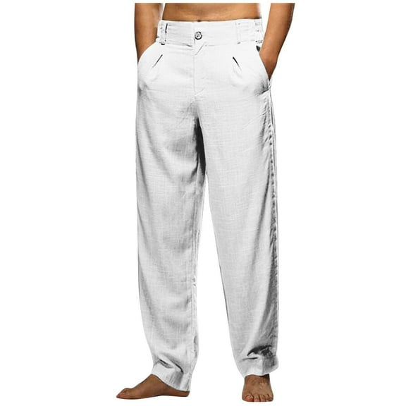 Mens Dress Pants Business Casual Loose Fit Flax Pants Solid Color Elastic Waist Trousers with Pockets, White, 3XL