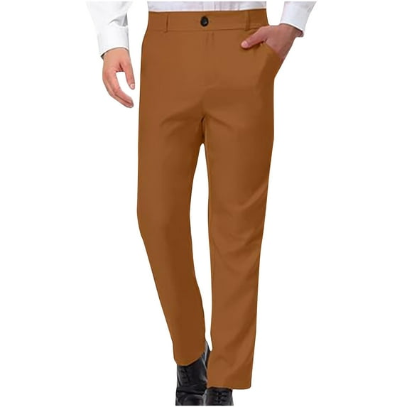 Mens Dress Pants Business Casual Solid Color Chino Pants Comfort Straight Leg Suit Trousers with Pockets, Brown, XL