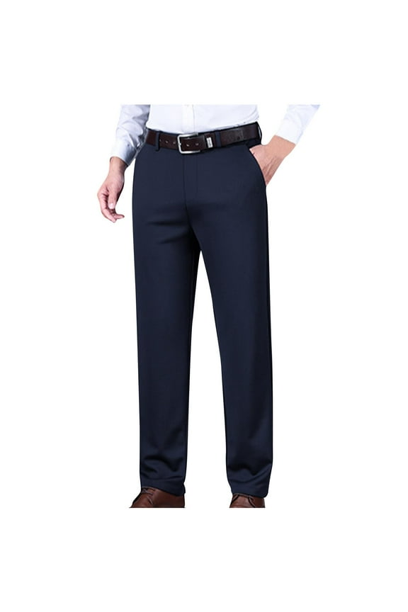 Mens Dress Pants Business Casual Work Trousers Straight Leg Flat Front Chino Pants with Pockets, Blue, L