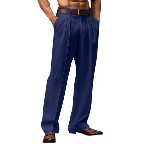 Mens Dress Pants Casual Linen Elastic Waist Pleated Baggy Wide Leg Slacks Lightweight Trousers Navy M
