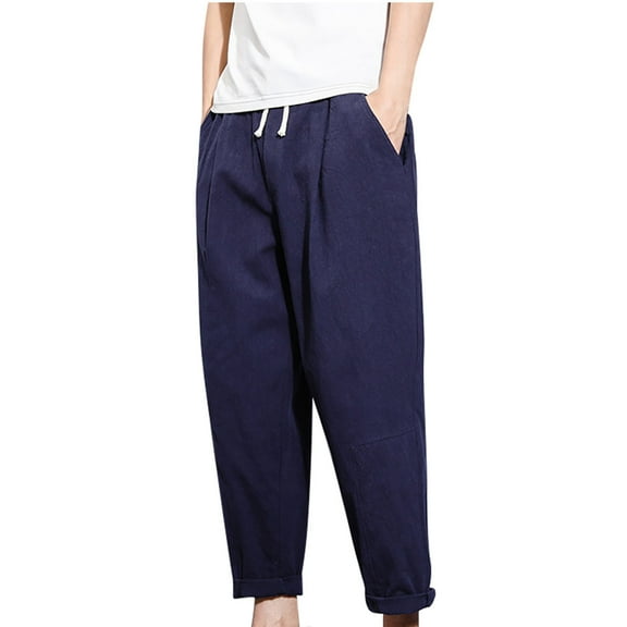 Mens Dress Pants Casual Pants Versatile Cotton Linen Loose Linen Pants Trendy Straight Leg Pants Pantalones Para Hombre Navy 4XL
