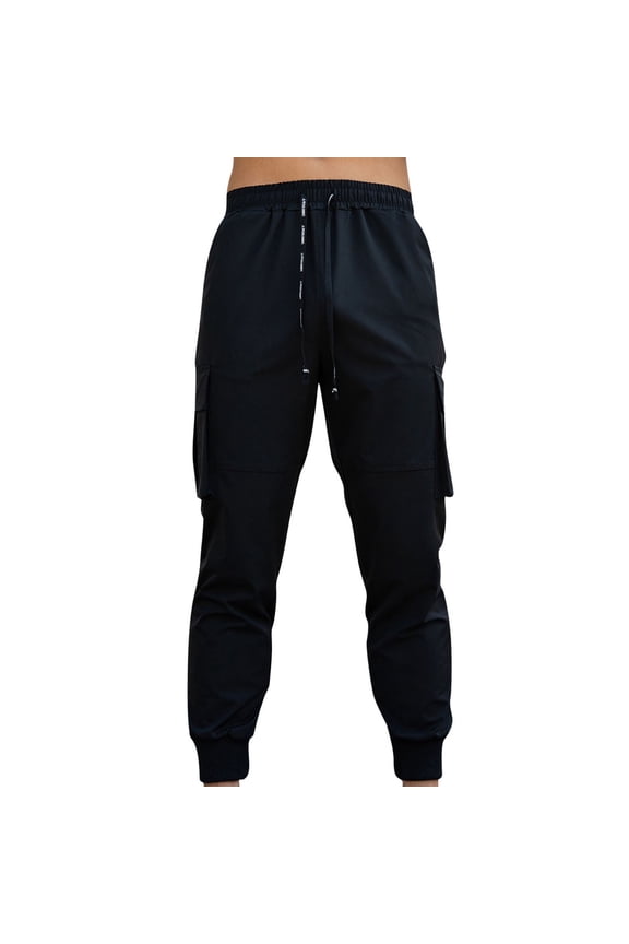 Mens Pants Pantalones Para Hombre Fashion Casual Solid Color Pockets Elastic Rope Pants Sports Fitness Pants