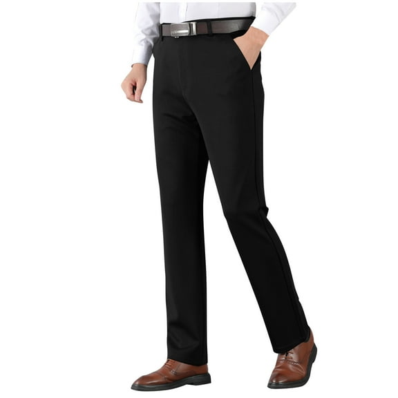 Mens Dress Pants Straight Leg Flat Front Suit Pants Business Casual Chino Trousers with Pockets, Black, 4XL