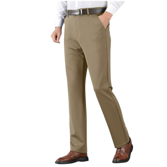 Mens Dress Pants Straight Leg Flat Front Suit Pants Business Casual Chino Trousers with Pockets, Brown, L