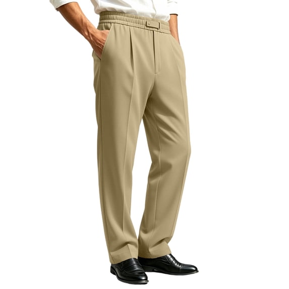Mens Dress Pants with Pockets, Elastic Waist Casual Business Pants,Regular Fit Straight Leg Work Pants, Pleated Front Slacks Pant L