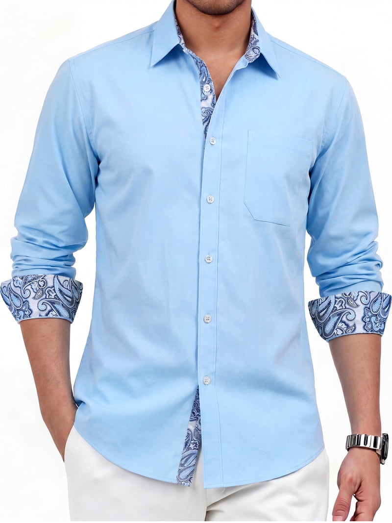 mens classic fit dress shirts Sumtumn Shirt Button-Up Long Sleeve Regular Shirt with Paisley Inner Contrast Wedding, Men's, Size: Medium, Blue Size:8 AU