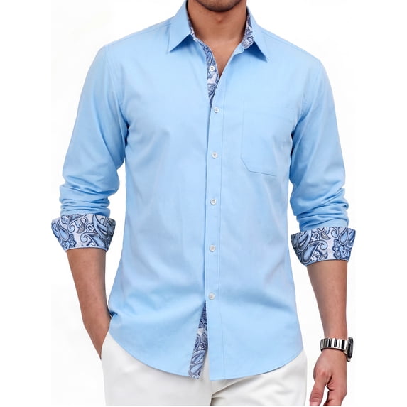 Mens Dress Shirt Button-Up Long Sleeve Regular Fit Shirt with Paisley Inner Contrast Wedding