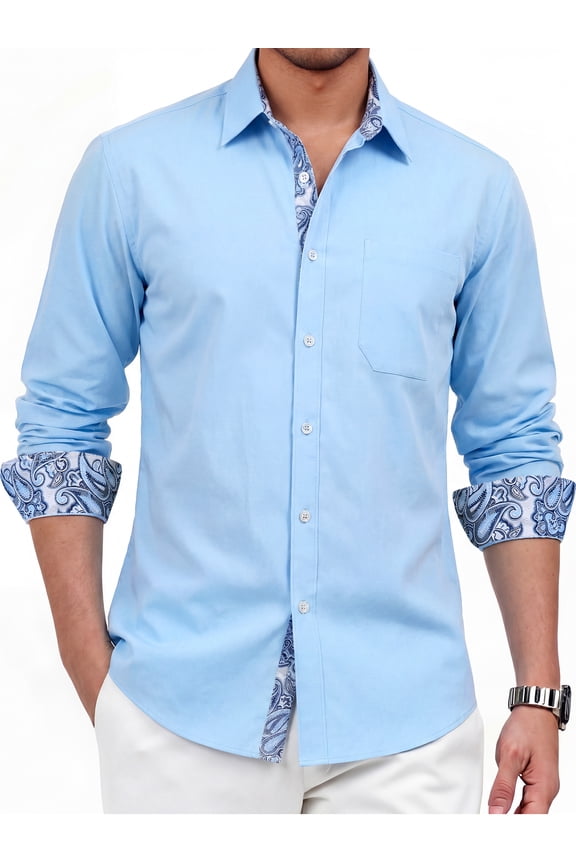 Mens Dress Shirt Button-Up Long Sleeve Regular Fit Shirt with Paisley Inner Contrast Wedding
