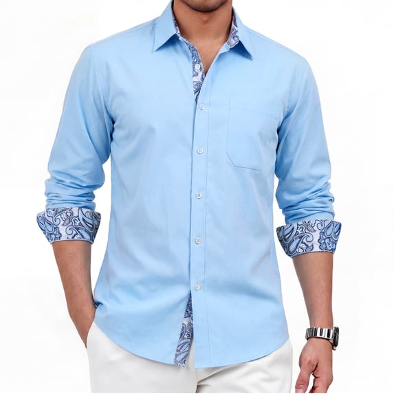Mens Dress Shirt Button-Up Long Sleeve Regular Fit Shirt with Paisley Inner Contrast Wedding