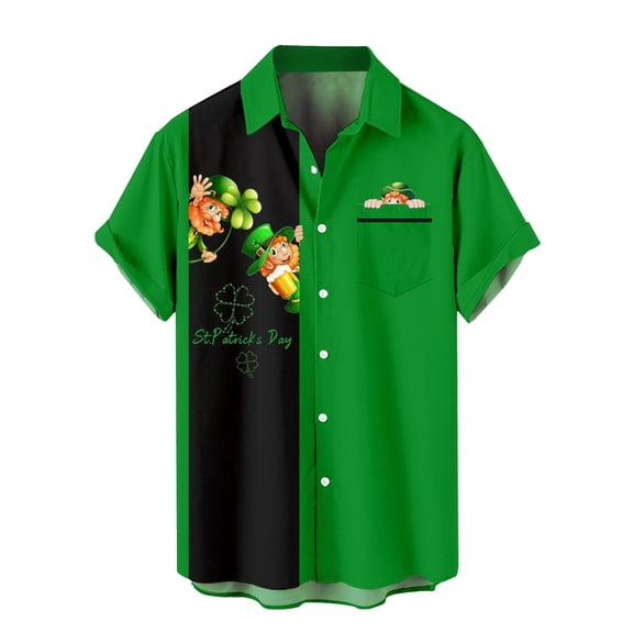 Mens Dress Shirt Irish Festival Casual Button-Up Shirt Leprechaun & Gold Coin Graphic Plaid Irish Style Holiday Shirts Mens Dress Clothes