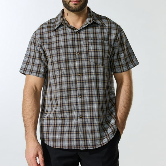 Mens Dress Shirt Plaid Cotton Business Formal Shirts Regular-Fit Wrinkle-Free Short Sleeve Button Down Casual Shirts Blue XXXL