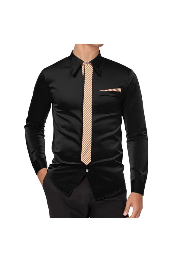 Mens Dress Shirt Solid with Tie Long Sleeve Slim Fit Formal Stand Collar Shirt for Work Black M