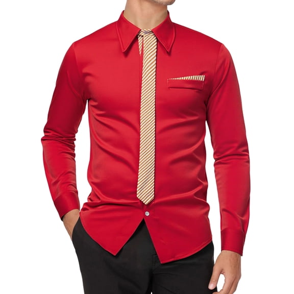 Mens Dress Shirt Solid with Tie Long Sleeve Slim Fit Formal Stand Collar Shirt for Work Red XXL