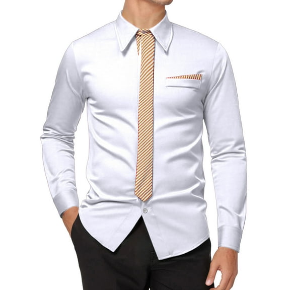 Mens Dress Shirt Solid with Tie Long Sleeve Slim Fit Formal Stand Collar Shirt for Work White L