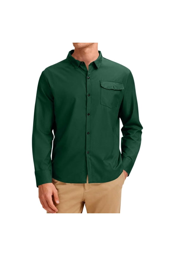 Mens Dress Shirt Wrinkle Free Untucked Dress Shirts Business Casual Cuffed Long Sleeve Button Down Shirt with Flap Pocket