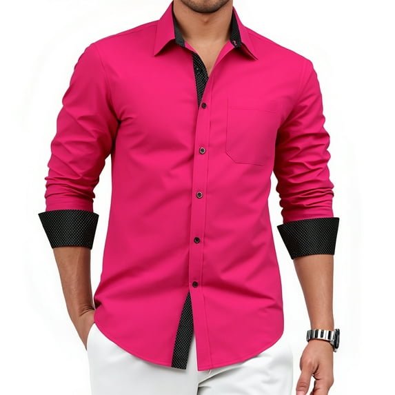 Mens Dress Shirt Button-Up Long Sleeve Regular Fit Shirt with Paisley Inner Contrast Hot Pink