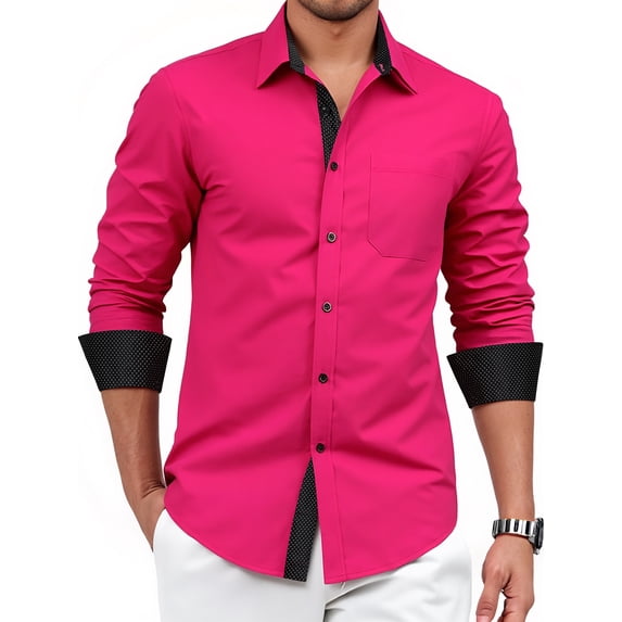 Mens Dress Shirt Button-Up Long Sleeve Regular Fit Shirt with Paisley Inner Contrast Hot Pink
