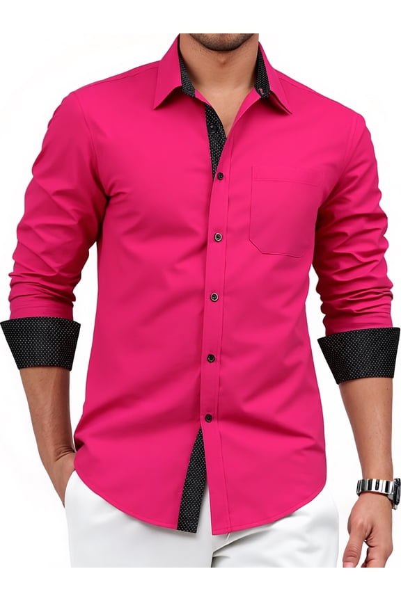 Mens Dress Shirt Button-Up Long Sleeve Regular Fit Shirt with Paisley Inner Contrast Hot Pink