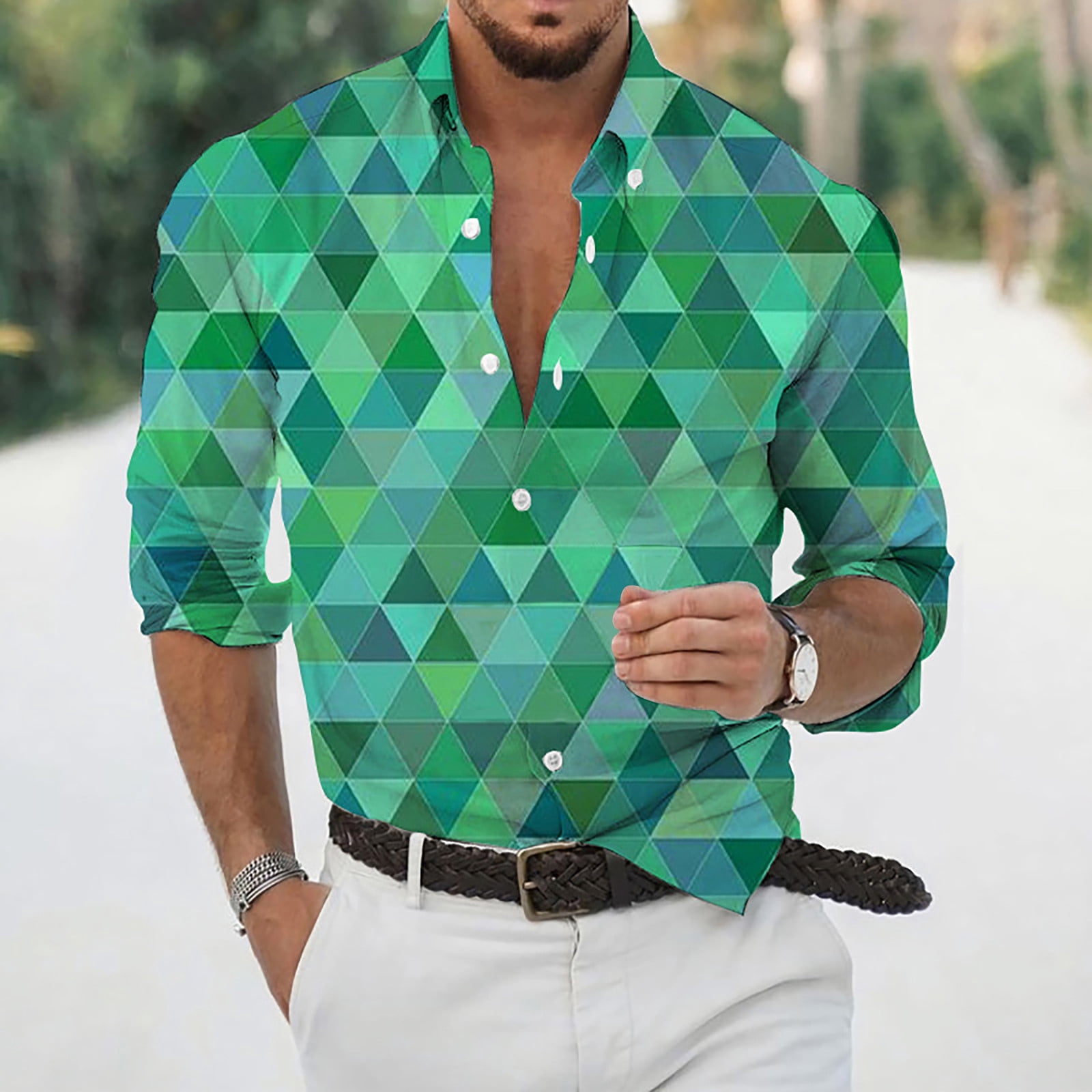 Mens Dress Shirts Casual Men's Loose Lapel Geometric Print Long Sleeve