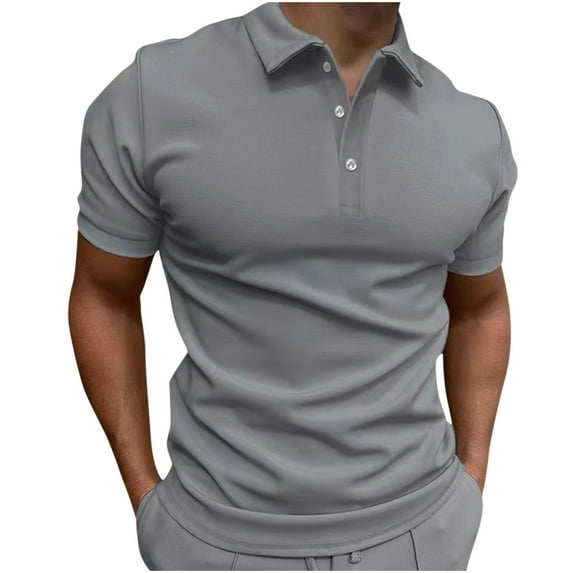 Mens Dress Shirts Casual Stylish 1/4 Button Up Collared Lapel Top Short Sleeve Classic Fit Tee Tshirt Work Blouse (XX-Large, Gray)