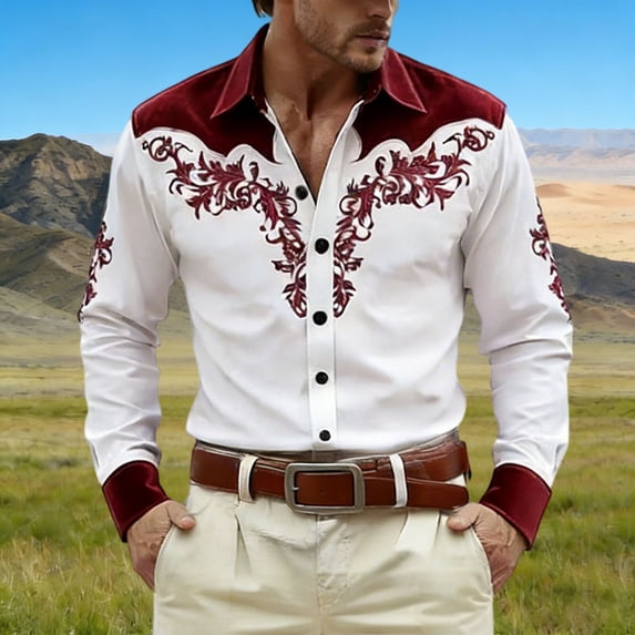 Mens Dress Shirts Casual Western Cowboys Long Sleeve Top Carnival Festive Button Down Lapel Comfortable Shirt for Men M