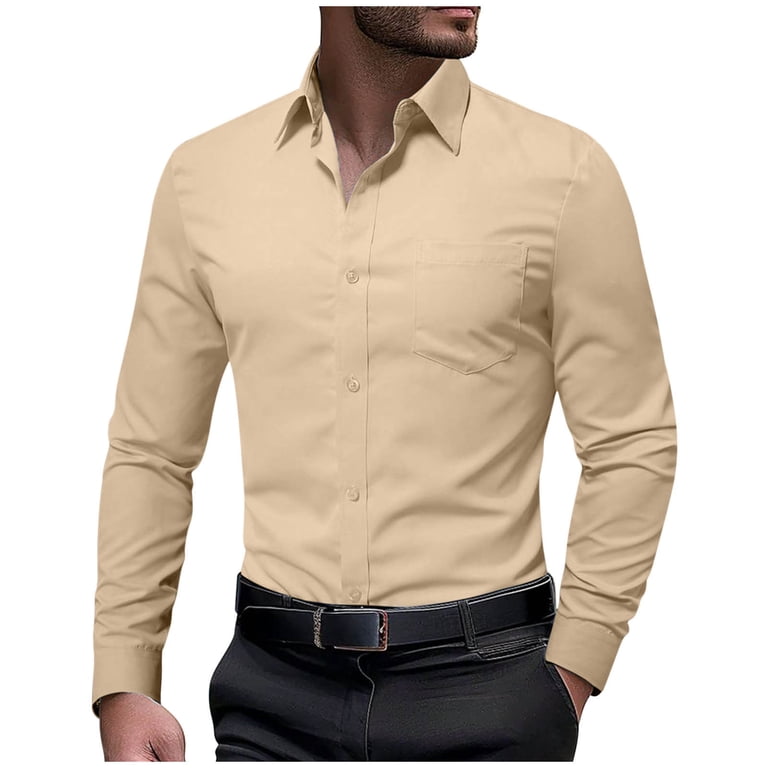 eilrgd Mens Dress Shirts Lapel Slim Fit Button Down Shirt Long Sleeve Wedding Prom Dinner Formal Shirts with Pockets Khaki M, Men's, Size: Medium,
