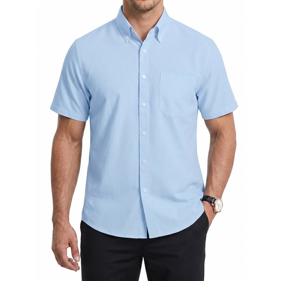 Mens Dress Shirts Light Blue Short Sleeve Shirt for Men Oxford Shirt Formal Button Down with Pocket