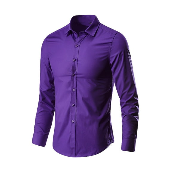 Mens Dress Shirts Long Sleeve Business Solid Color Button Down Lapel Tops Slim Fit Comfortabale Casual Shirts for Men Purple M