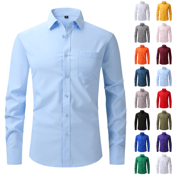 Mens Dress Shirts Long Sleeve Button Down Shirt Slim Fit Business Formal Stretch Shirt Light Blue 2XL