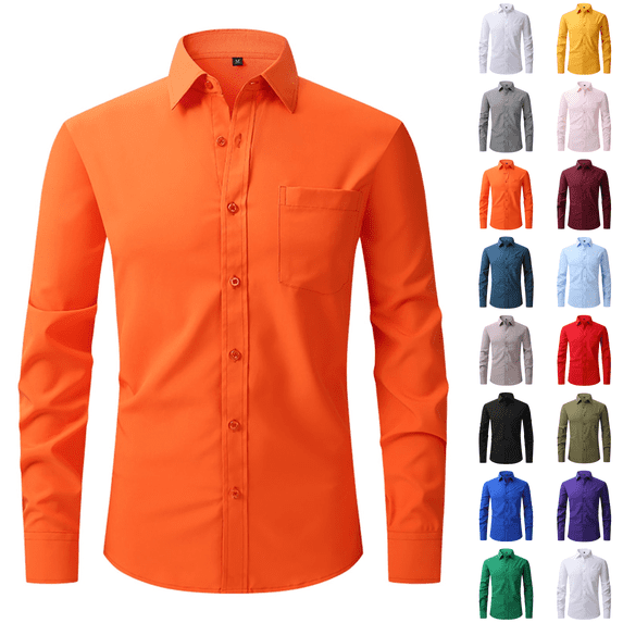 Mens Dress Shirts Long Sleeve Button Down Shirt Slim Fit Business Formal Stretch Shirt Orange L