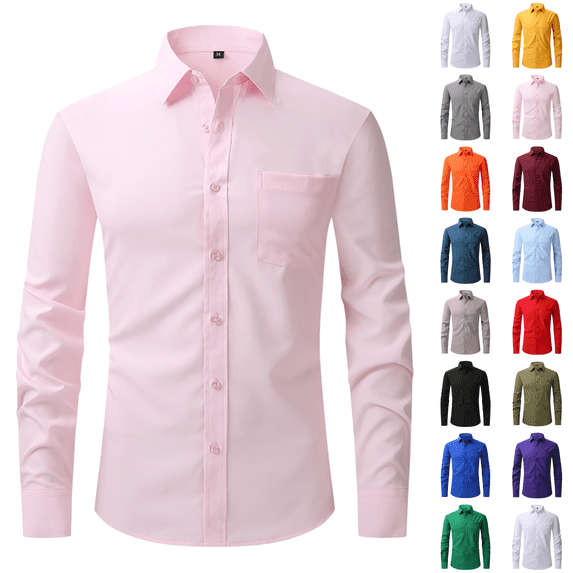 Mens Dress Shirts Long Sleeve Button Down Shirt Slim Fit Business Formal Stretch Shirt Pink XL