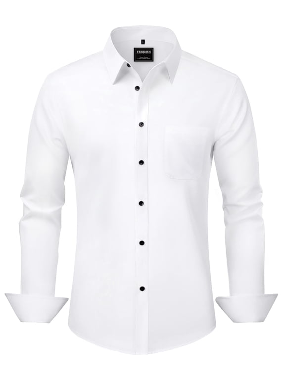 Mens Dress Shirts Long Sleeve Button Down Shirts for Men Solid Color Formal Casual Shirts with Pocket White 4XL