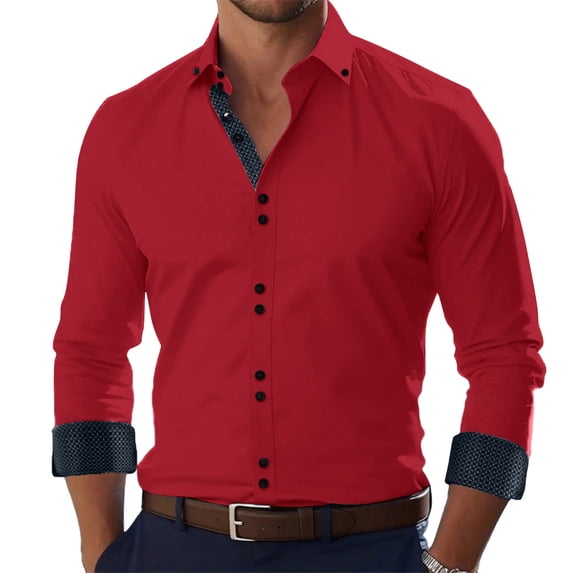 Iaqnaocc Dress Shirts for Men Long Sleeve Button Down Casual Formal Stretch Wrinkle Free Regular Fit Mens Shirts Red M