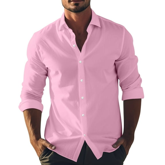 Qwertyu Men's Long Sleeve Button Down Shirts Cotton Linen Shirts Beach Casual Dress Shirts Pink XL