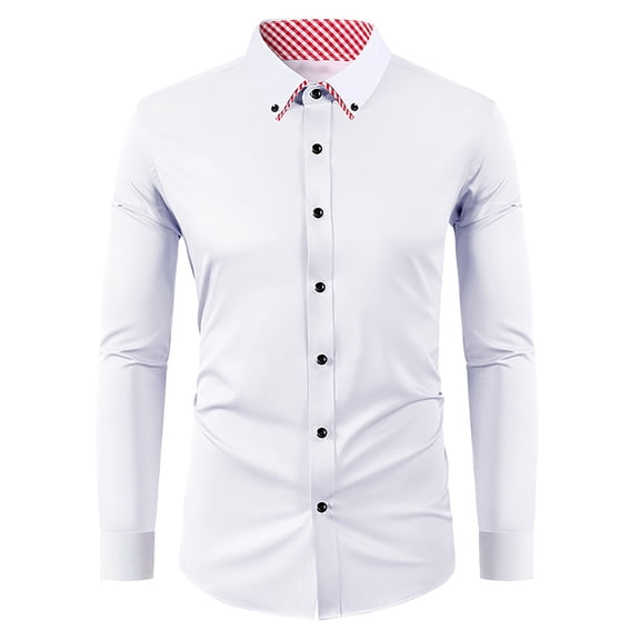 Mens Dress Shirts Long Sleeve Formal Business Wedding Solid Stand Collar Shirt Slim Fit White 39