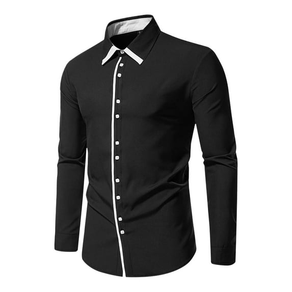 Mens Dress Shirts Long Sleeve Men Business Dress Shirt Lapel Henry Color-Blocking Retro Long Sleeve Mens Button Down Shirt Black S