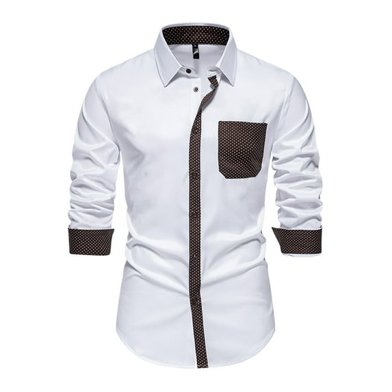 Mens Dress Shirts Long Sleeve Men Business Dress Shirt Polka Dot Color Block Henry Lapel Long Sleeve Mens Button Down Shirt White L