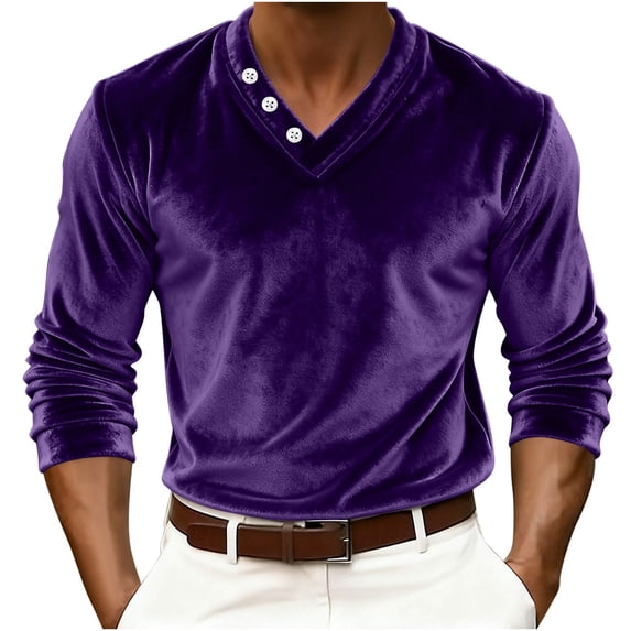 Mens Dress Shirts Long Sleeve Men's Velvet Shirt Solid Color Long Sleeve V-Neck Shirts Vintage Dress Tops Purple M