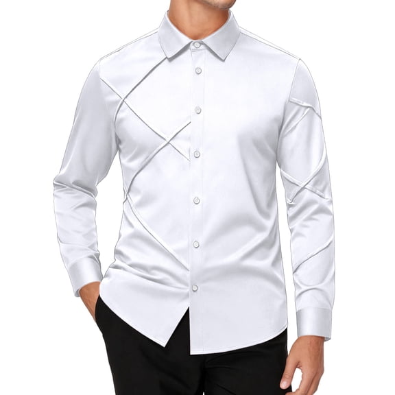 Mens Dress Shirts Long Sleeve Solid Business Wrinkle Design Stand Collar Formal Shirt White L