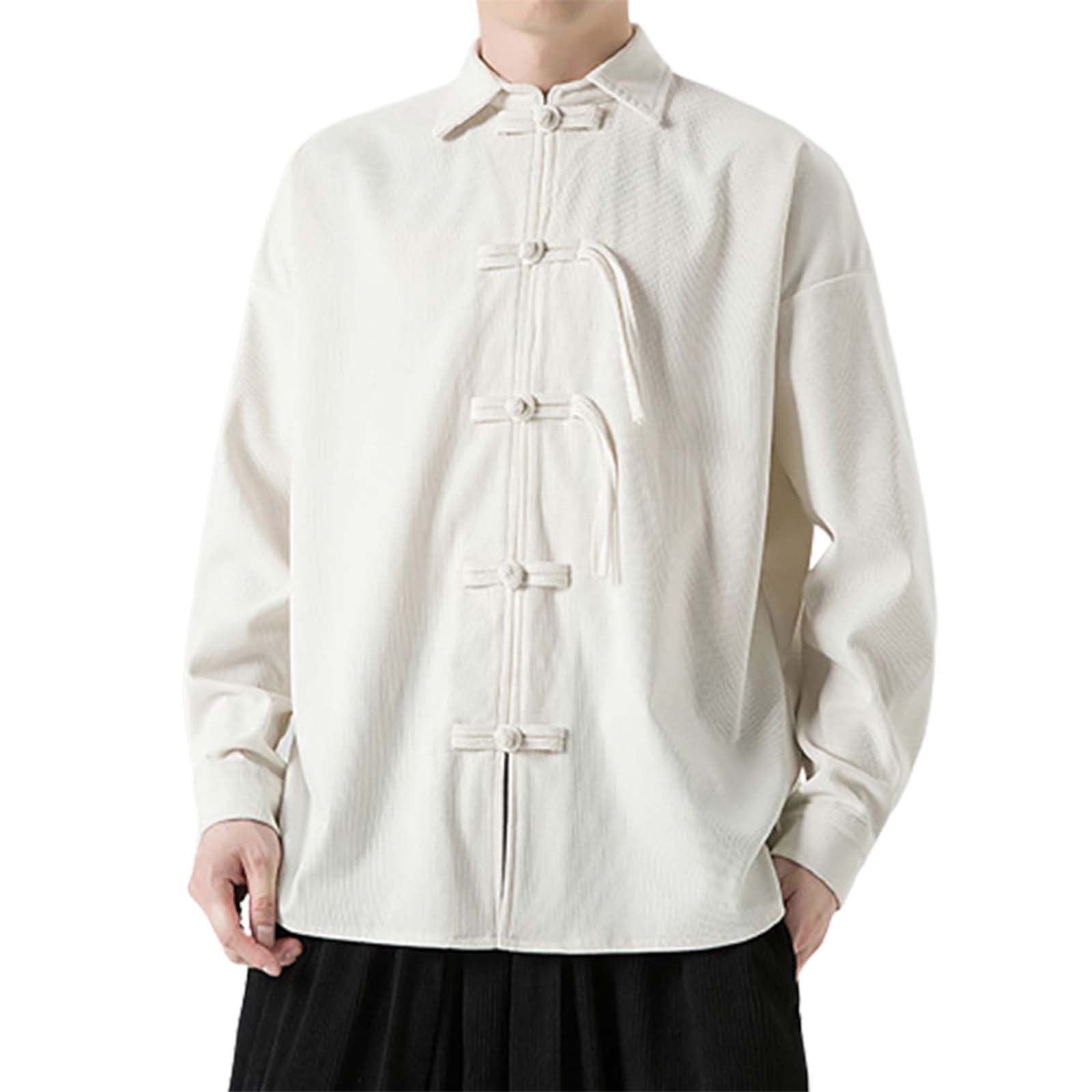 Mens Dress Shirts Long Sleeve Solid Button Down Vintage Style Men'S Tops Plate Buckle Hanbok